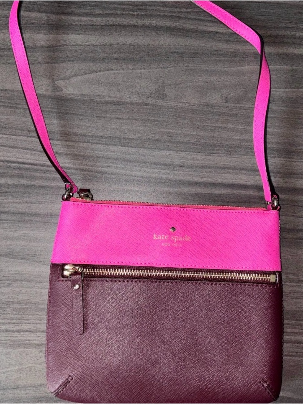 Kate Spade Saffiano Leather Colorblock Crossbody Fuchsia Pink Plum Purple - Picture 2 of 4